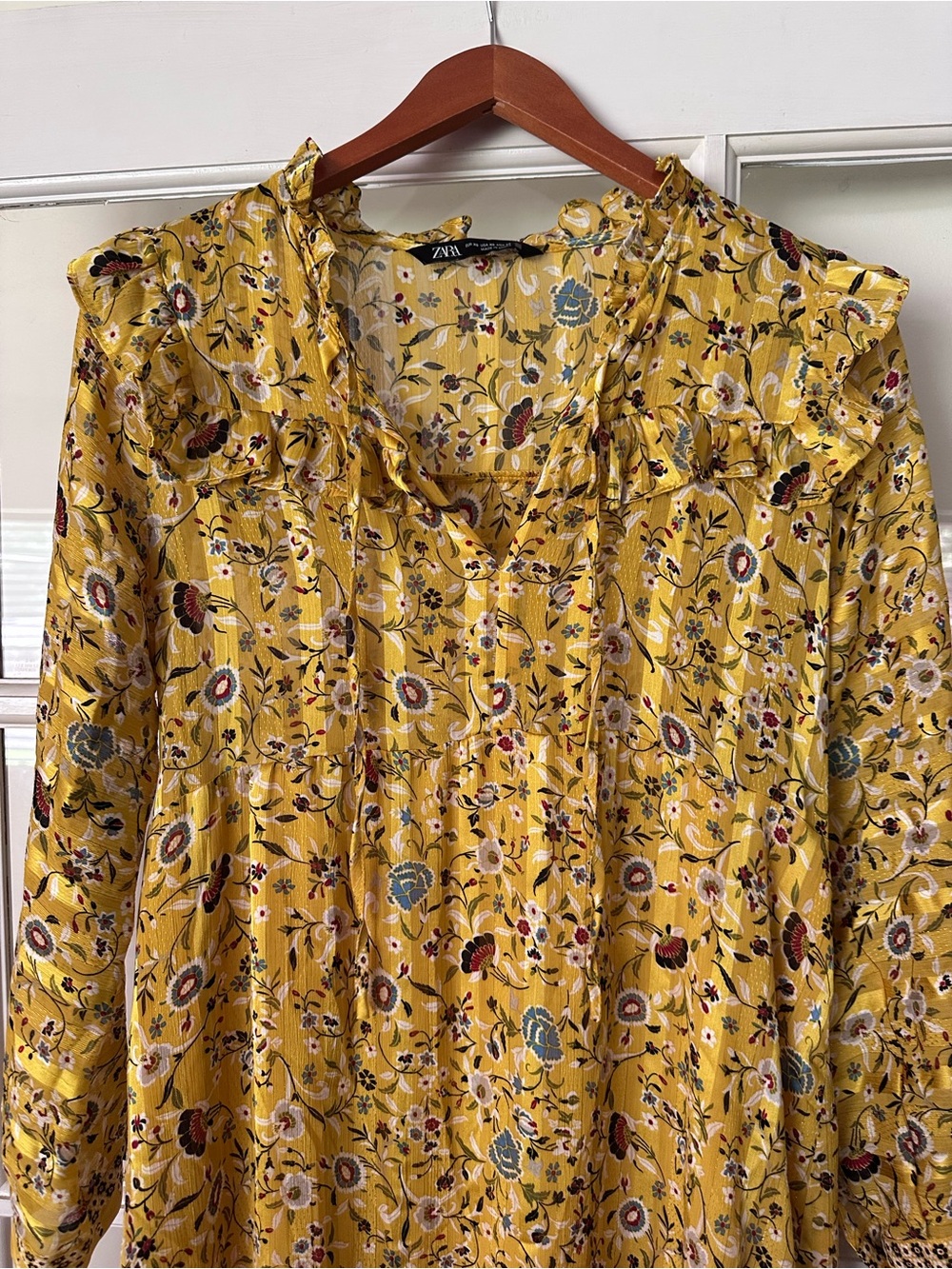 Zara Yellow Floral Ruffle-Neck Maxi Dress Size XS - Picture 7 of 13